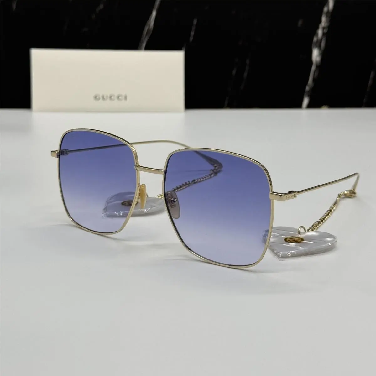 Gucci Sunglasses GG1031S 004 with Earrings Gold Blue Women Eyewear Gucci