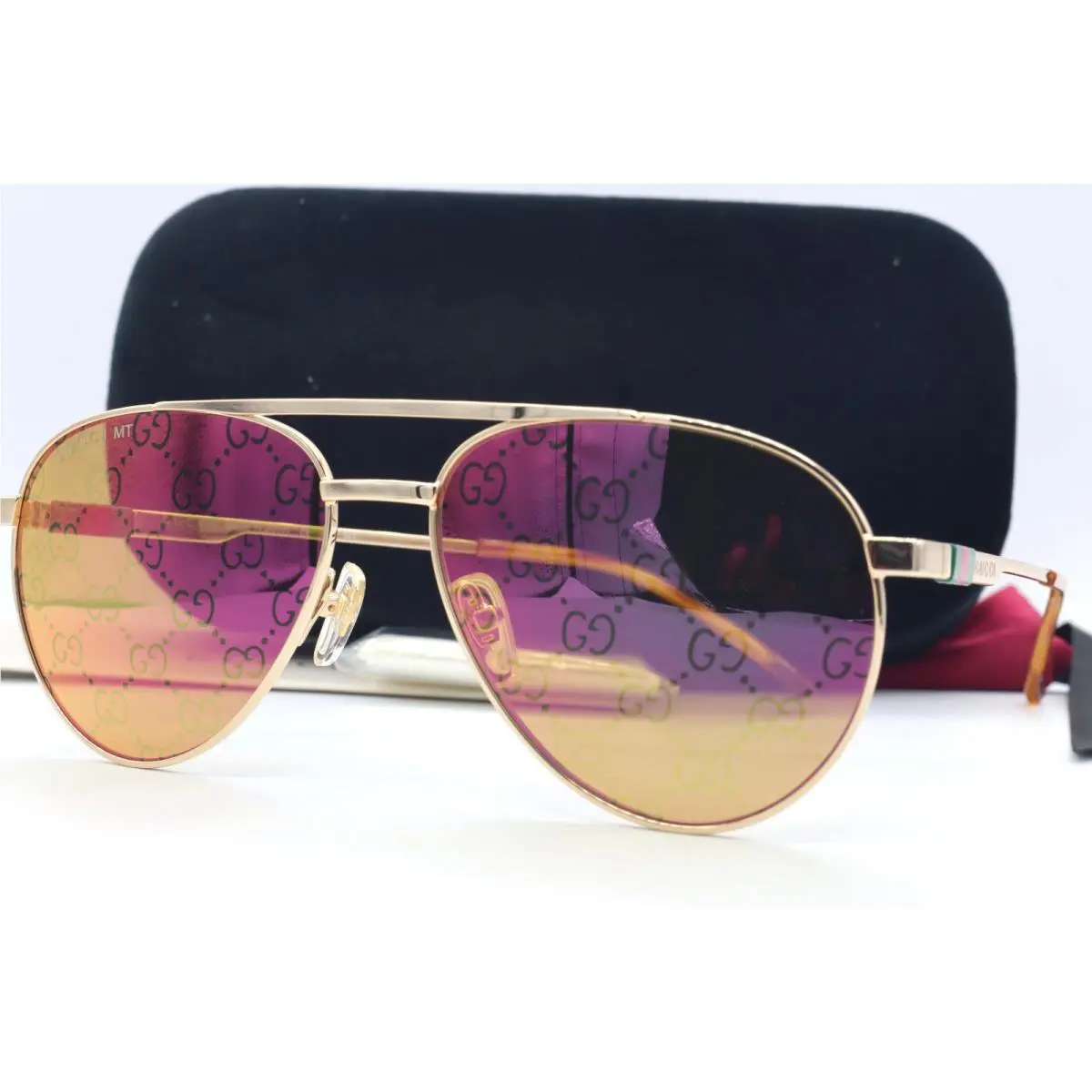 Gucci GG 1679S 002 Aviator Mammogram GG Gold Sunglasses Pink Lenses