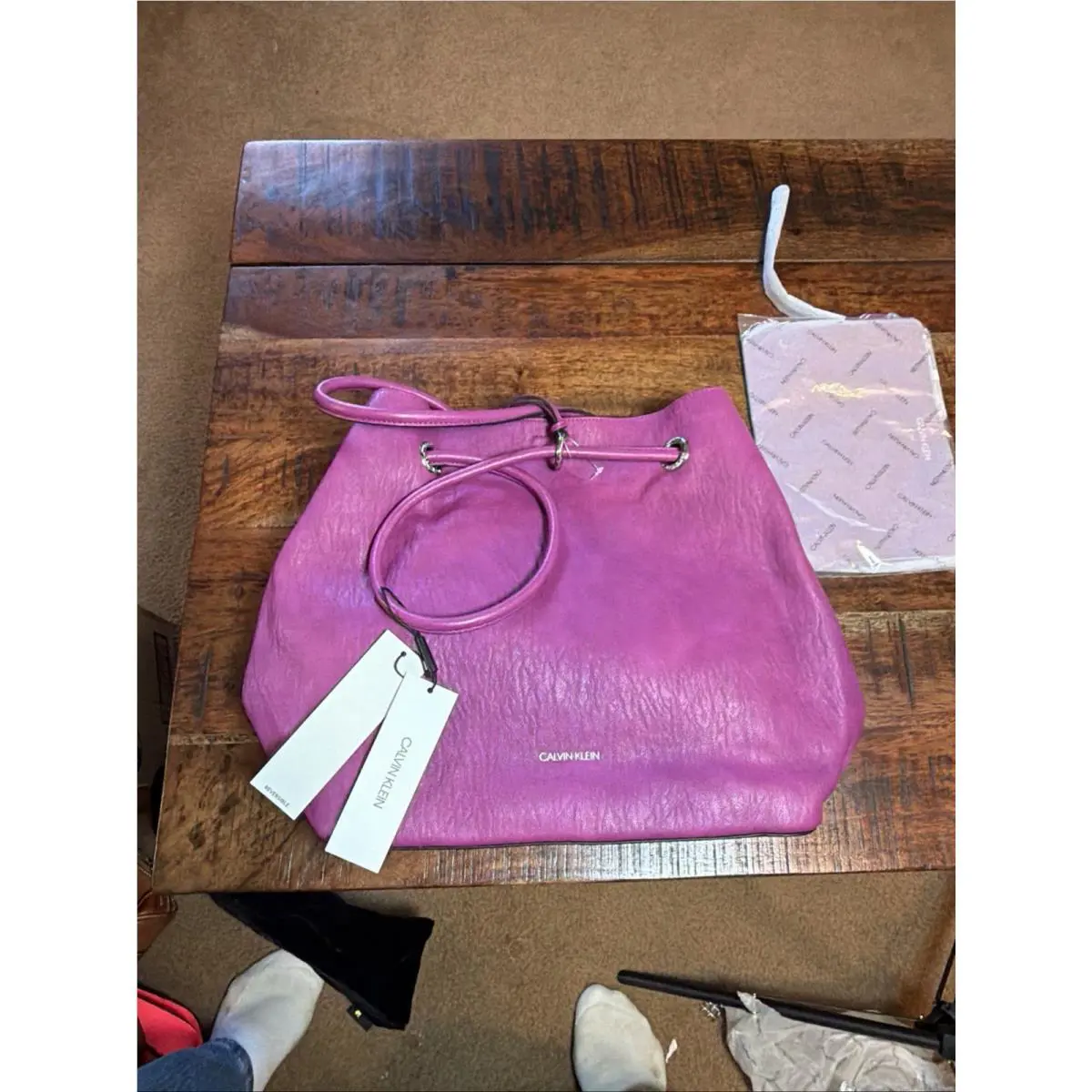 Calvin Klein Reversible Tote Pink Green w/ Pouch and Dust Bag