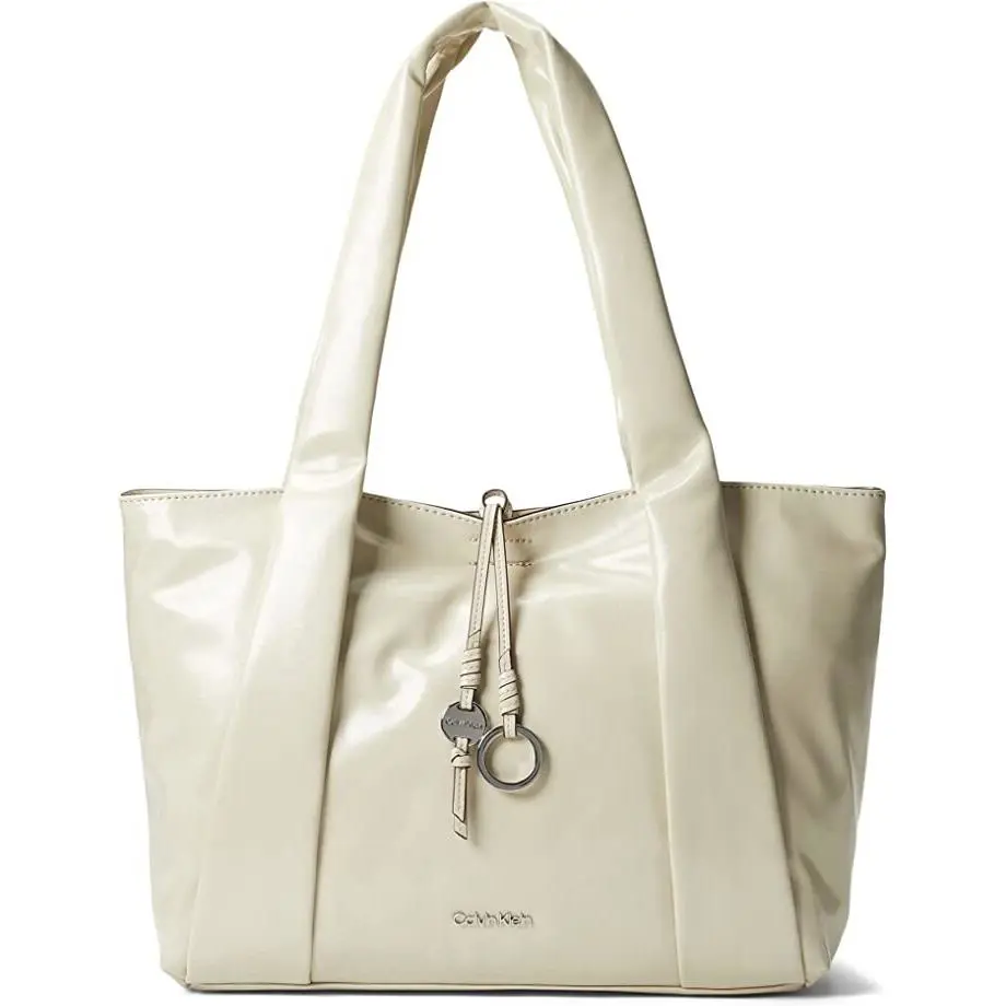 Calvin Klein Hana Shiny Faux-leather Novelty Tote Shoulder Bag -pelican/ivory