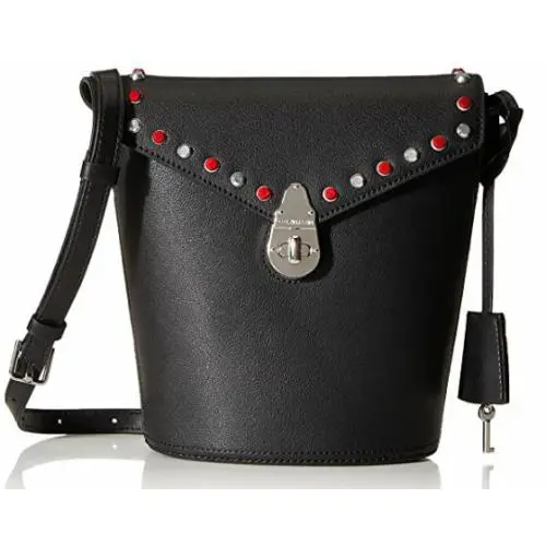 Calvin Klein Crossbody Bucket Bag Black Leather Turn-lock Silver Red Studs