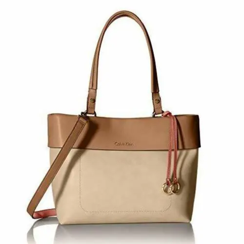 Calvin Klein Bucket Tote Convertible Crossbody Strap Leather Colorblock Tan