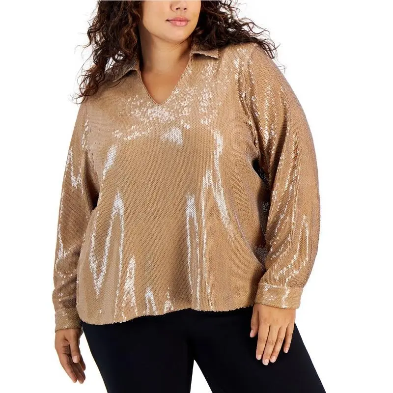 Calvin Klein Women`s Plus Size Sequined Split-collar Top Luggage 3X