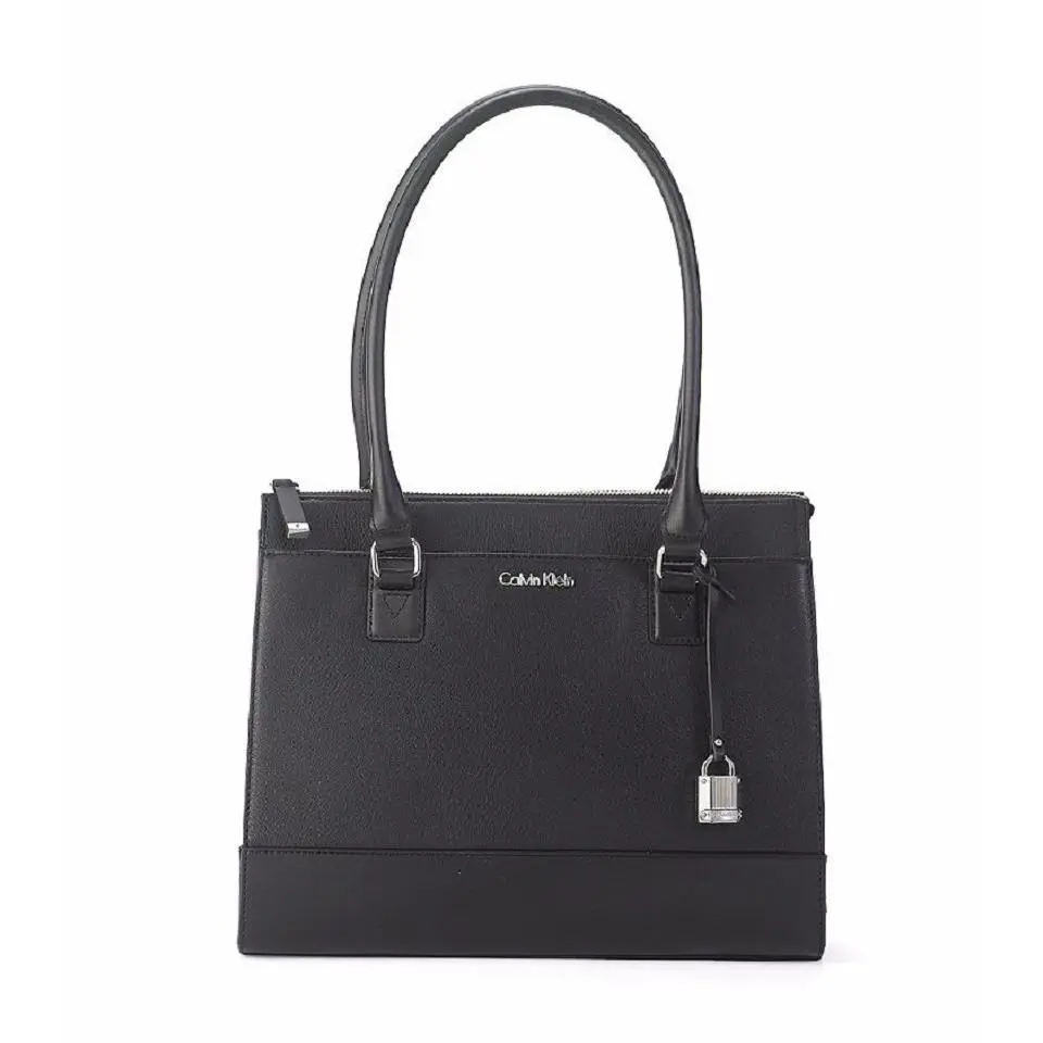 Calvin Klein Black Leather Top Zip Satchel Hand Back Tote