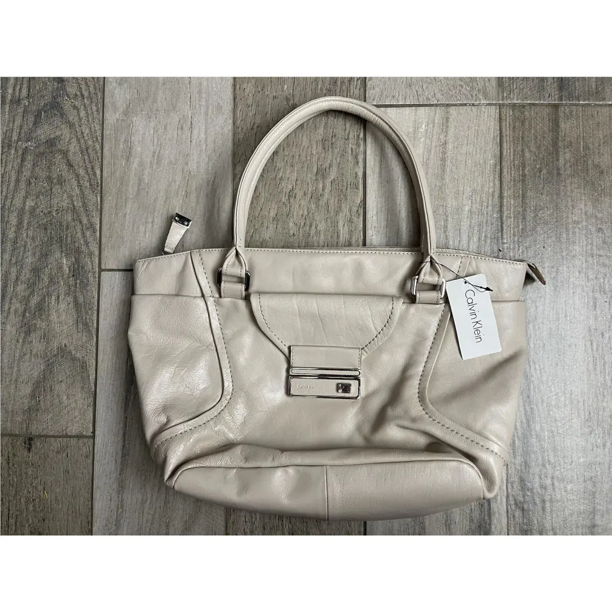 Calvin Klein XL Extra Large Tote Purse Satchel Shoulder Bag Beige Tan Leather