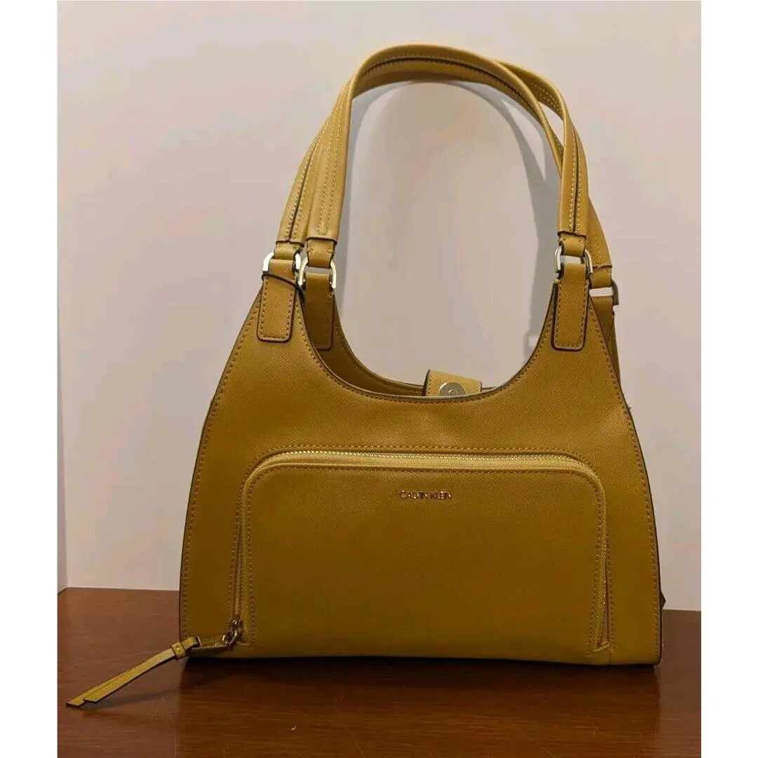 Calvin Klein Tan Ava Saffiano Triple Compartment Hobo Shoulder Bag