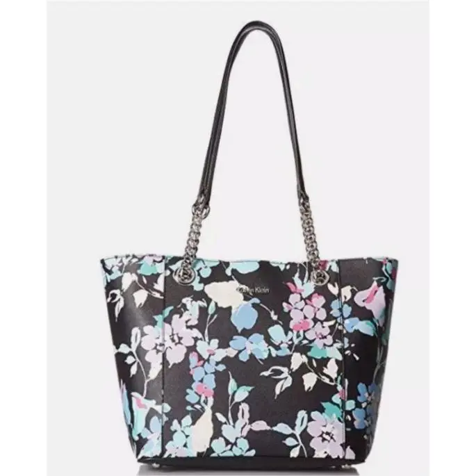 Calvin Klein Large Bucket Tote Black Floral Saffiano Leather Silver Cha