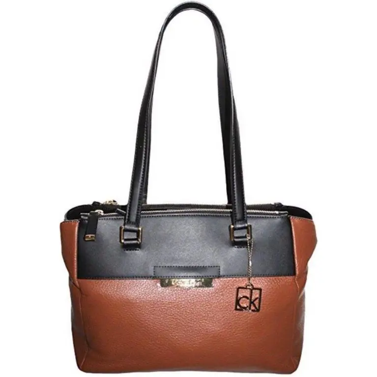 Calvin Klein Tote Large Shoulder Bag Brown Black Pebble Leather 3-Compartment