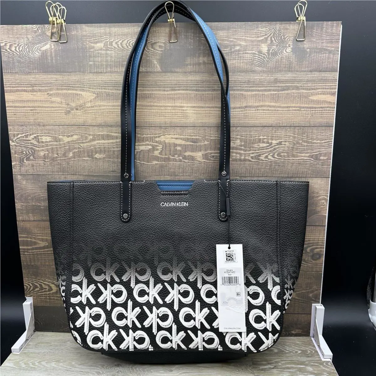 Calvin Klein Dilan Magnetic Closure Black Blue White Tote Bag Womens Logo Purse