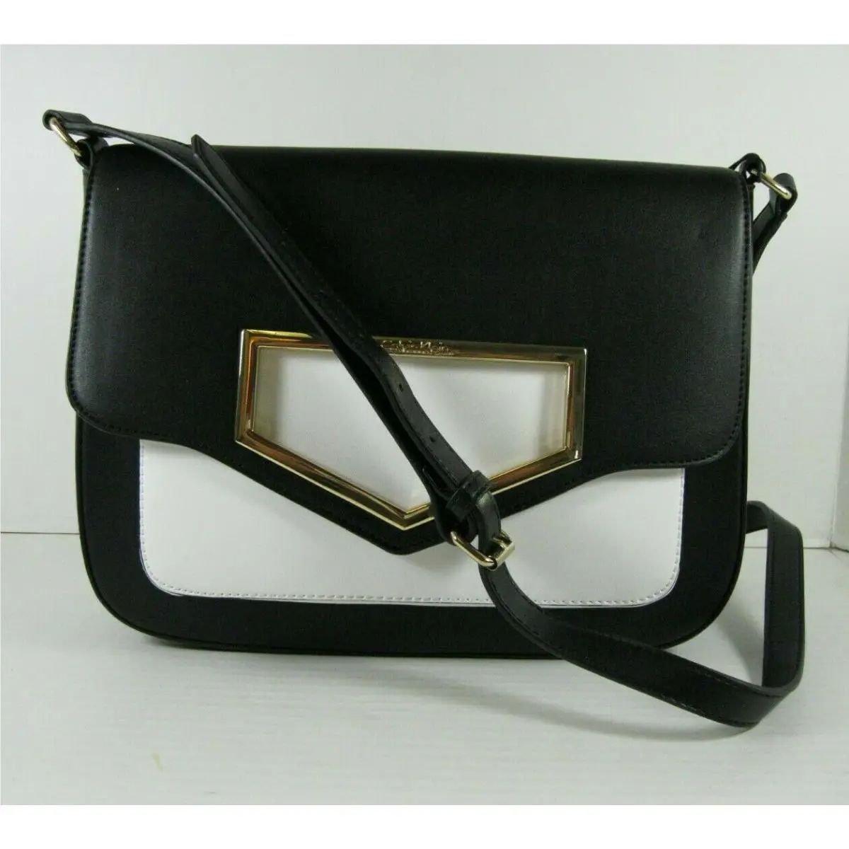 Calvin Klein Satchel Shoulder to Crossbody Black White Leather Gold Cut-out
