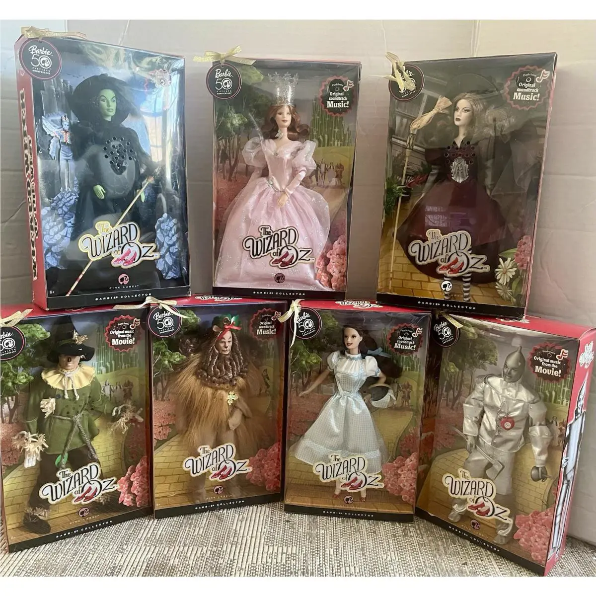 Complete 7 Doll 50th Anniversary Wizard of Oz Barbie Collector Pink Label