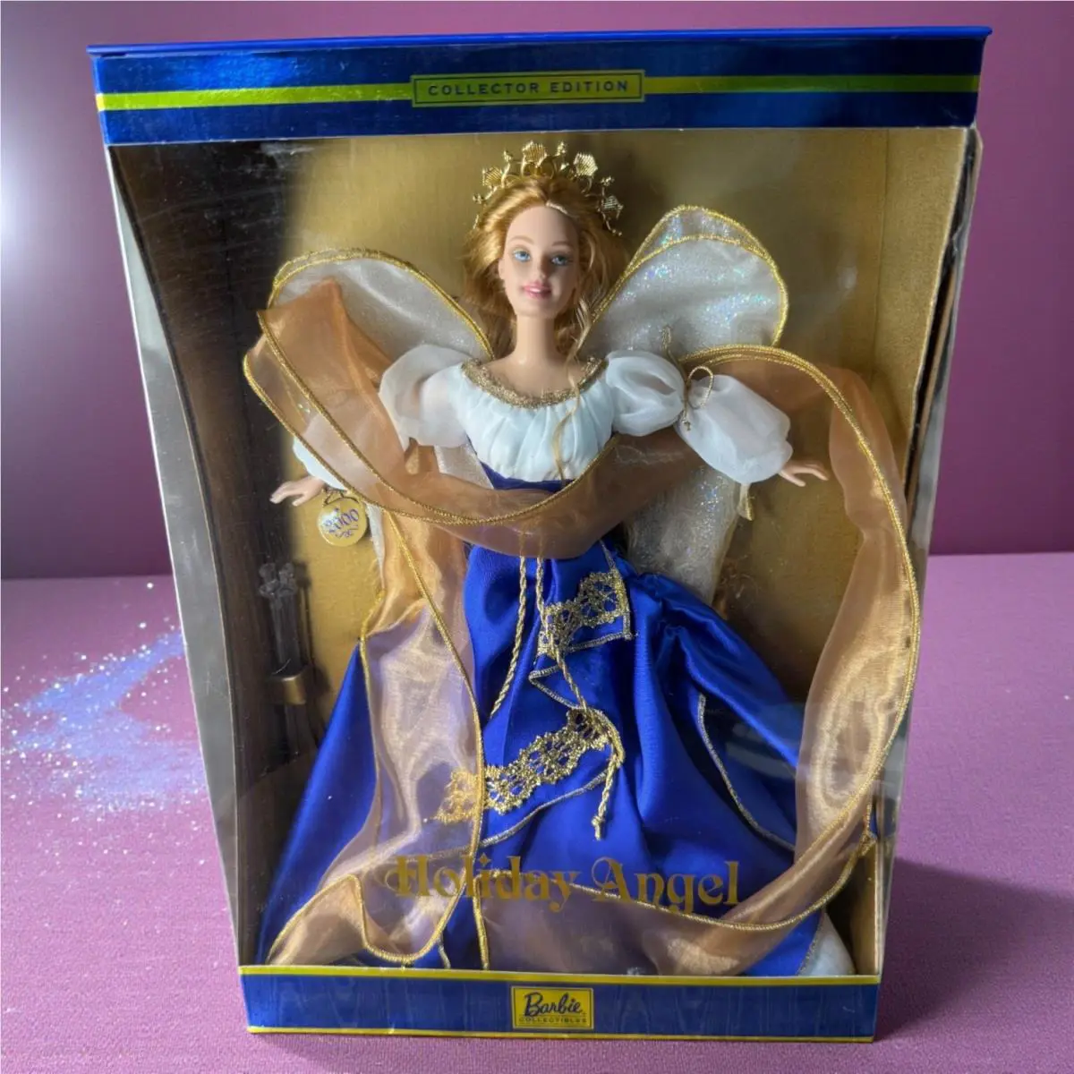 2000 Holiday Angel Barbie Doll Royal Blue White Gown Collector Edition Mattel - White
