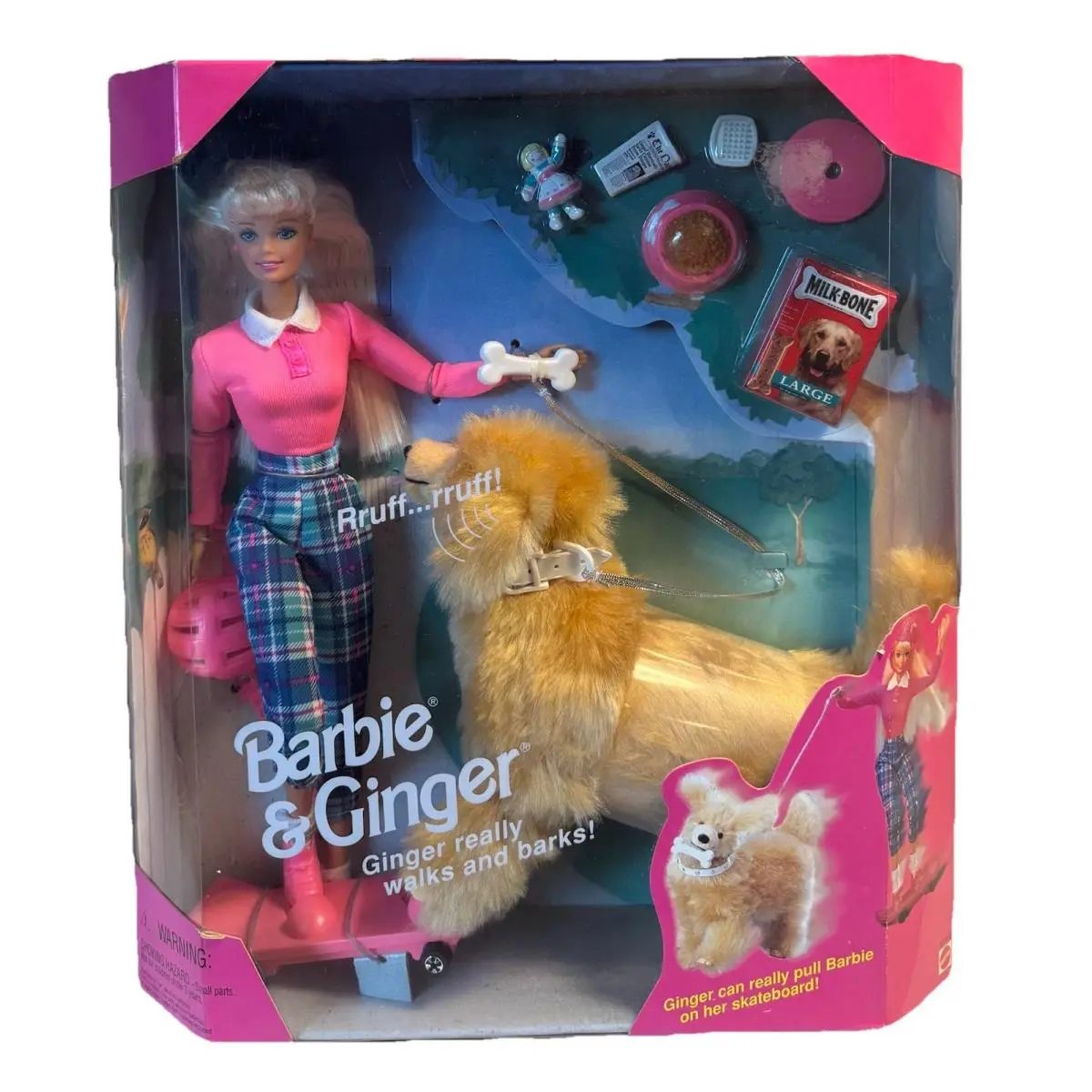Vintage 90s Barbie Ginger Doll Pet Dog Skateboard 17116 Mattel 1996