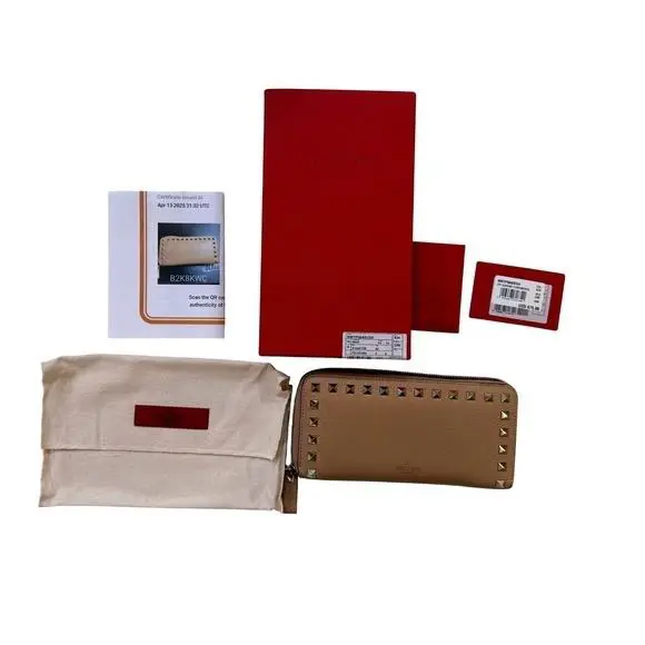 Valentino Wallet Rockstud Tan Leather Garavani Large Continental Box Coa