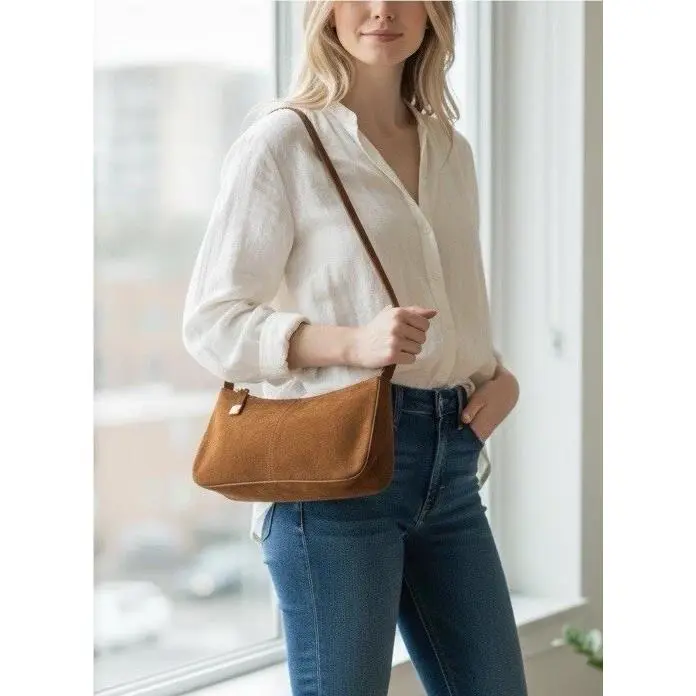 Steve Madden Tanzie Suede Shoulder Bag Brown Beige Gold Plate Hardware