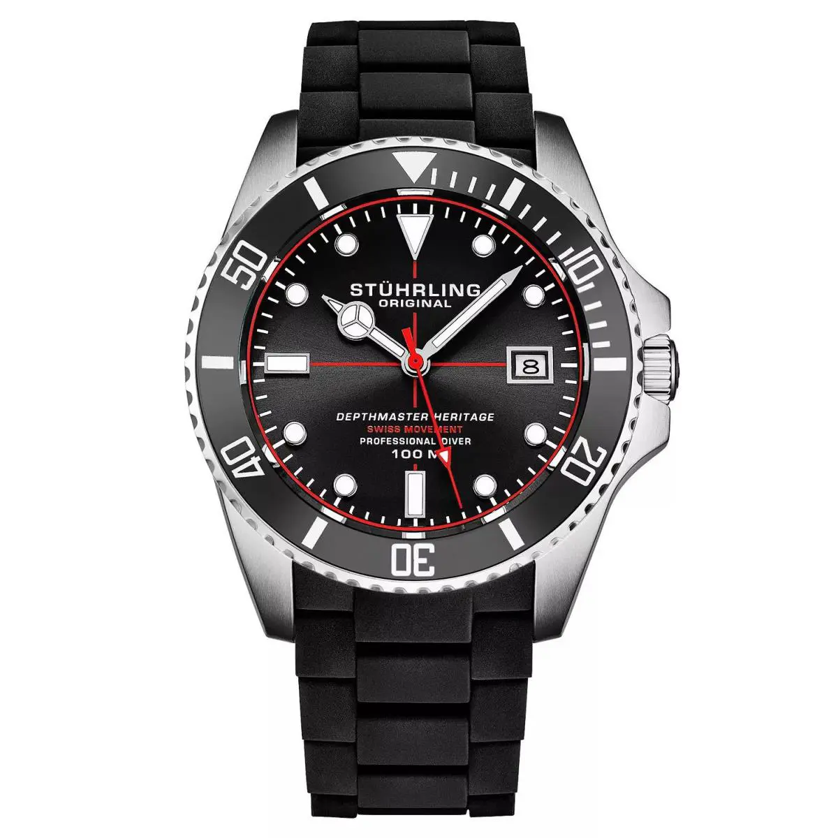 Stuhrling 4087 1 Depthmaster Quartz Date Black Silicone Strap Mens Watch by Stührling