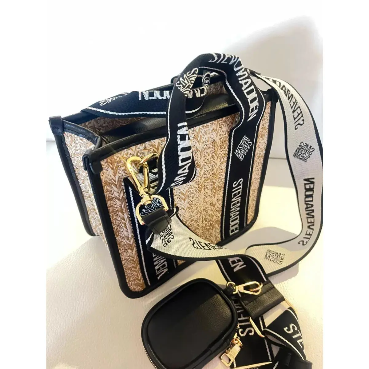 Womens Black Bwebber Straw Satchel Crossbody Purse Bag Earbud Case by Steve Madden