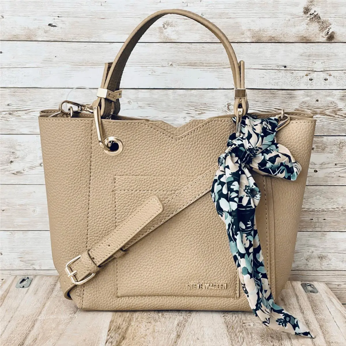 Steve Madden Bkarta Satchel Crossbody Purse with Scarf Tan Beige Color