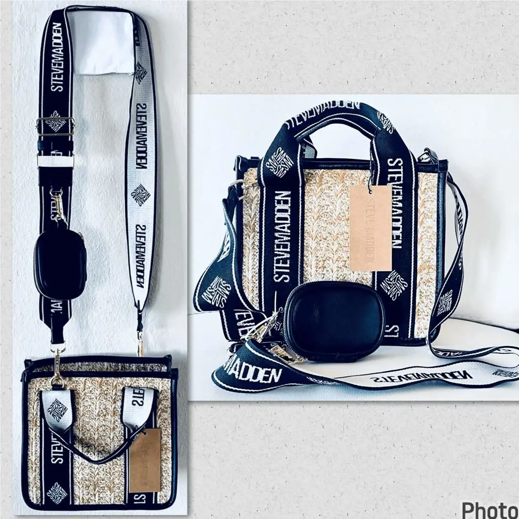 Gorgeous Bwebber Black Tan Straw Wicker Crossbody Bag Pouch by Steve Madden
