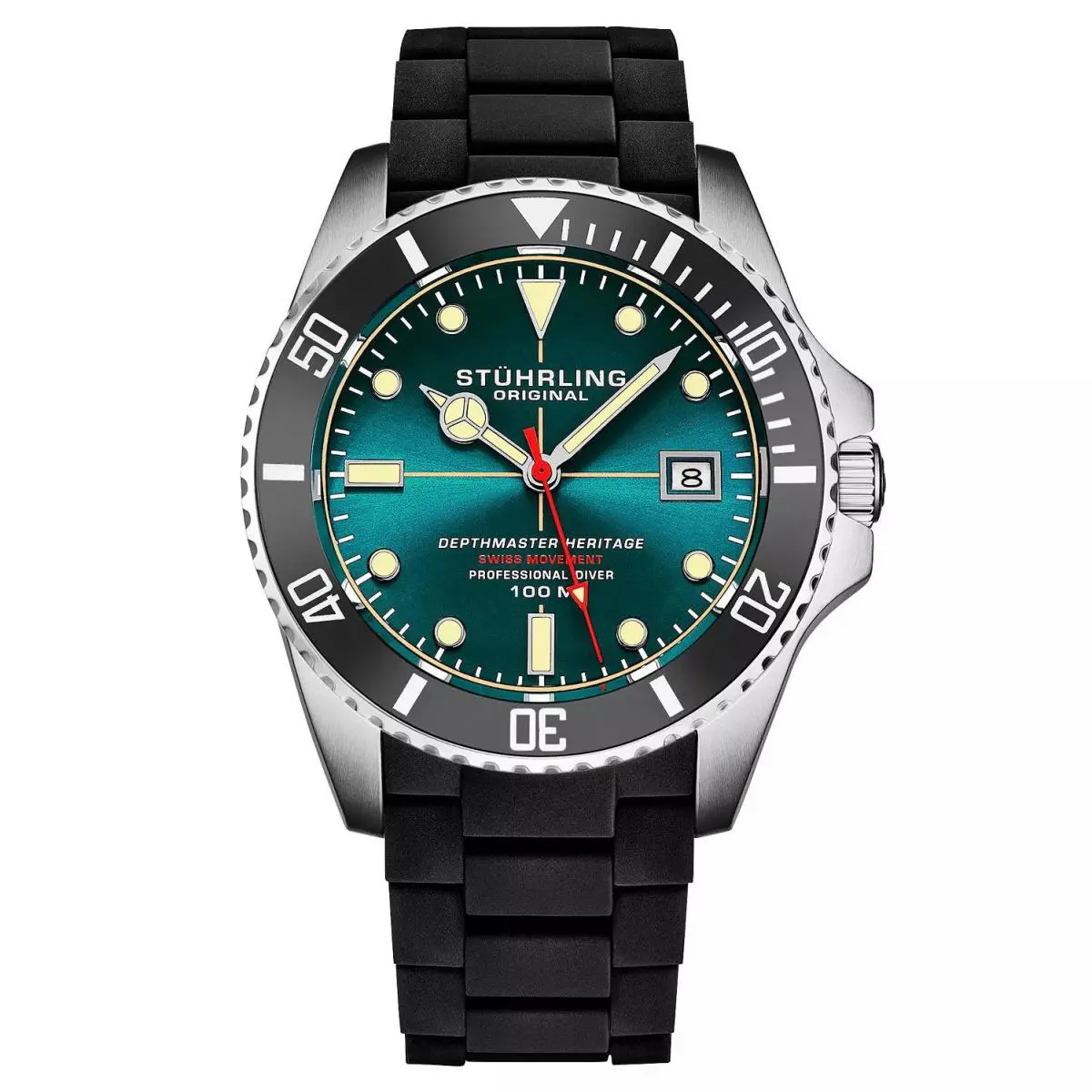 Stuhrling 4087 3 Depthmaster Teal Dial Black Silicone Strap Mens Watch by Stührling