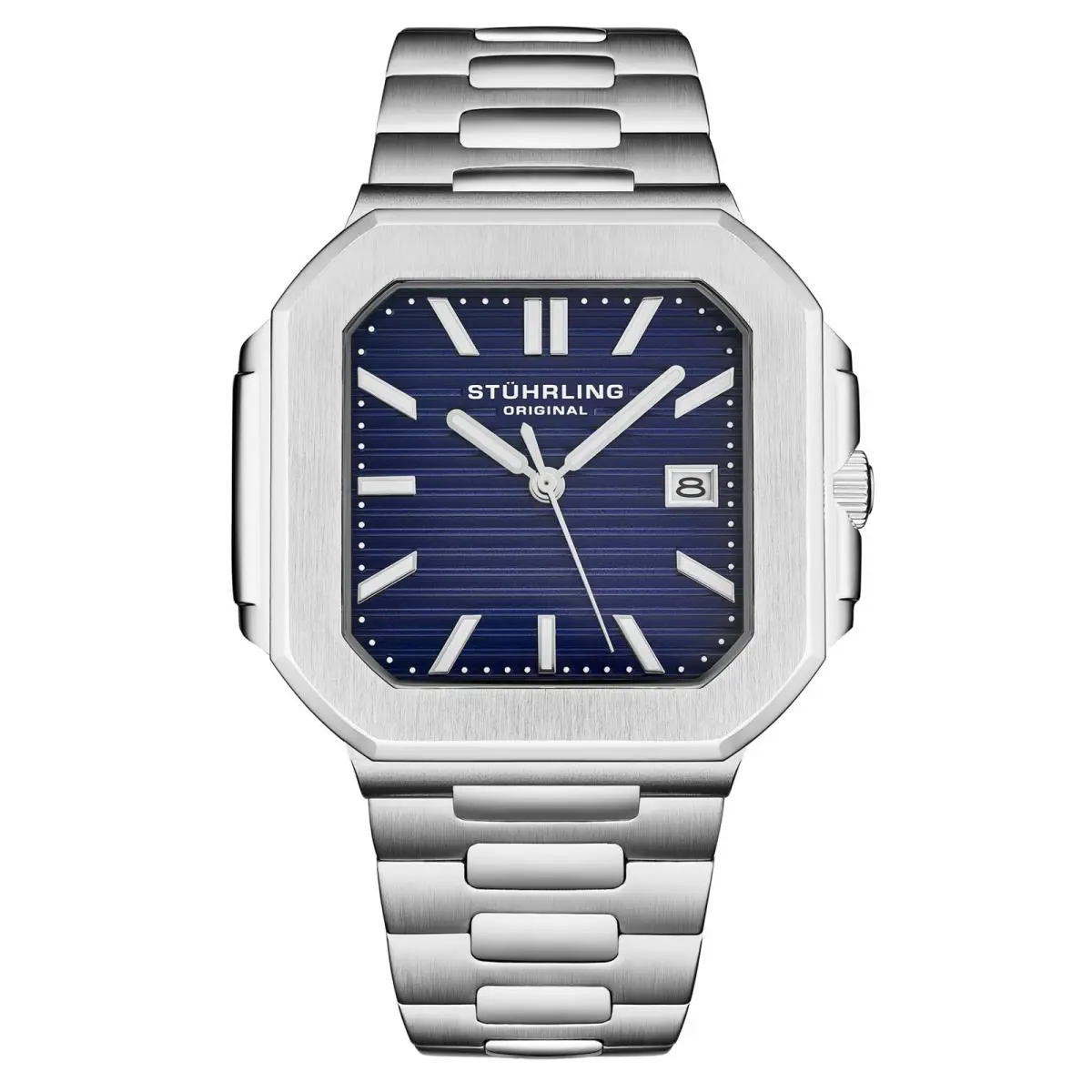 Stuhrling 4064 3 Modulus Square Dial Quartz Date Blue Dial Mens Watch