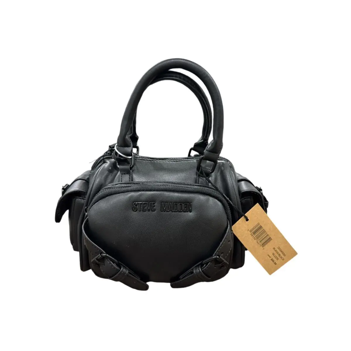Steve Madden Black Leather Mini Duffle Handbag with Detachable Strap