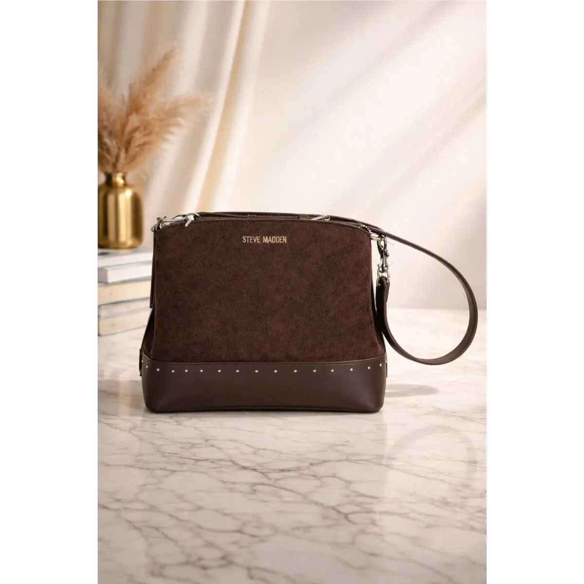 Steve Madden Bnaika Chocolate Hobo Bag Brown Shoulder Purse Studded 8.5 In H