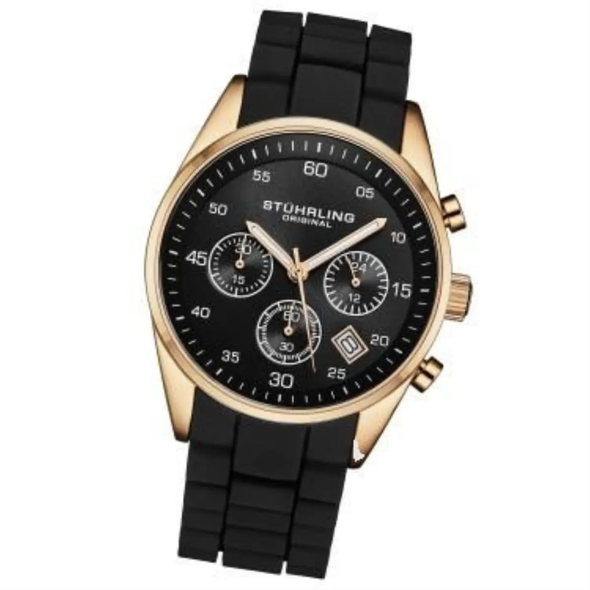 Stuhrling 4057 4 Quartz Chronograph Date Black Silicone Strap Mens Watch Submit