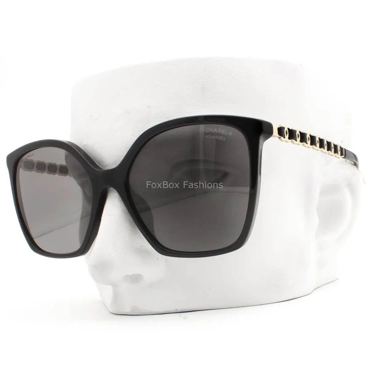 Chanel Sunglasses Black Gold CC Chain Trim Polarized ch5546QA 622/T8 W/case