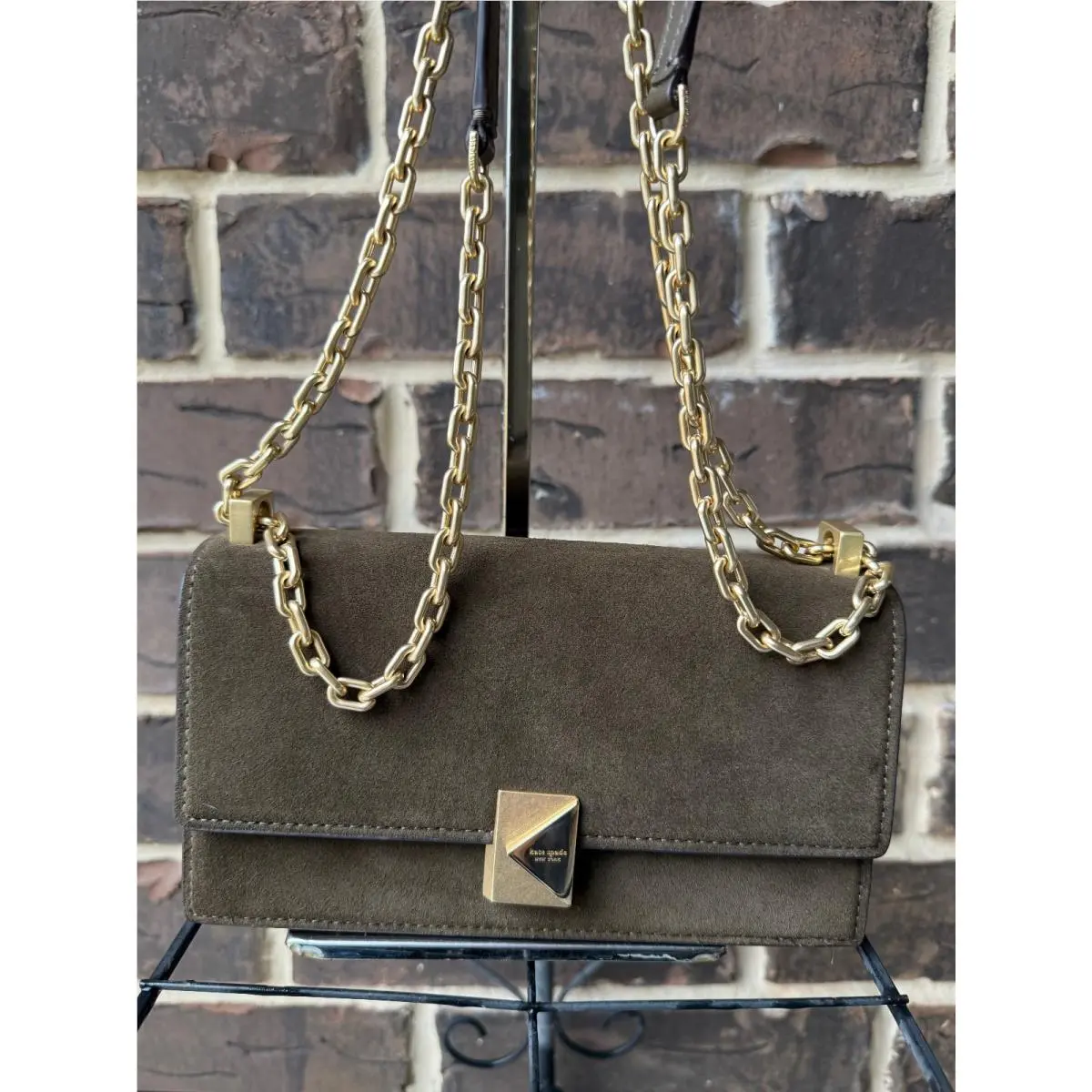 Kate Spade Deco Burnt Sage Suede Mini Flap Chain Crossbody Olive Brown
