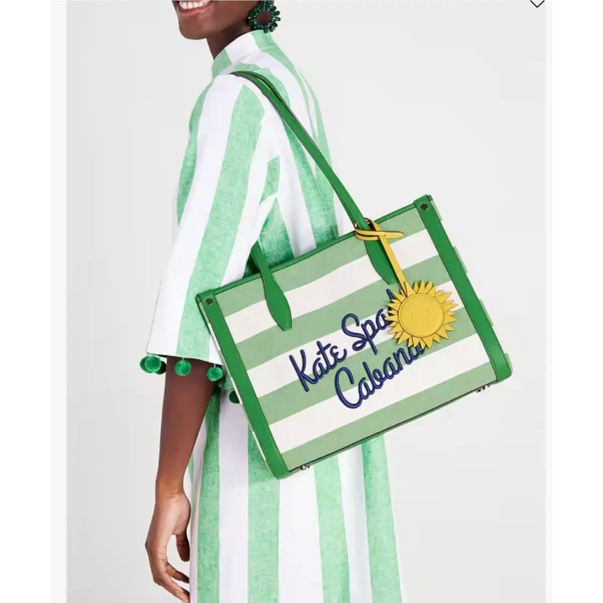 Kate Spade Market Cabana Canvas Green Striped Medium Totenew Spring Break/summer