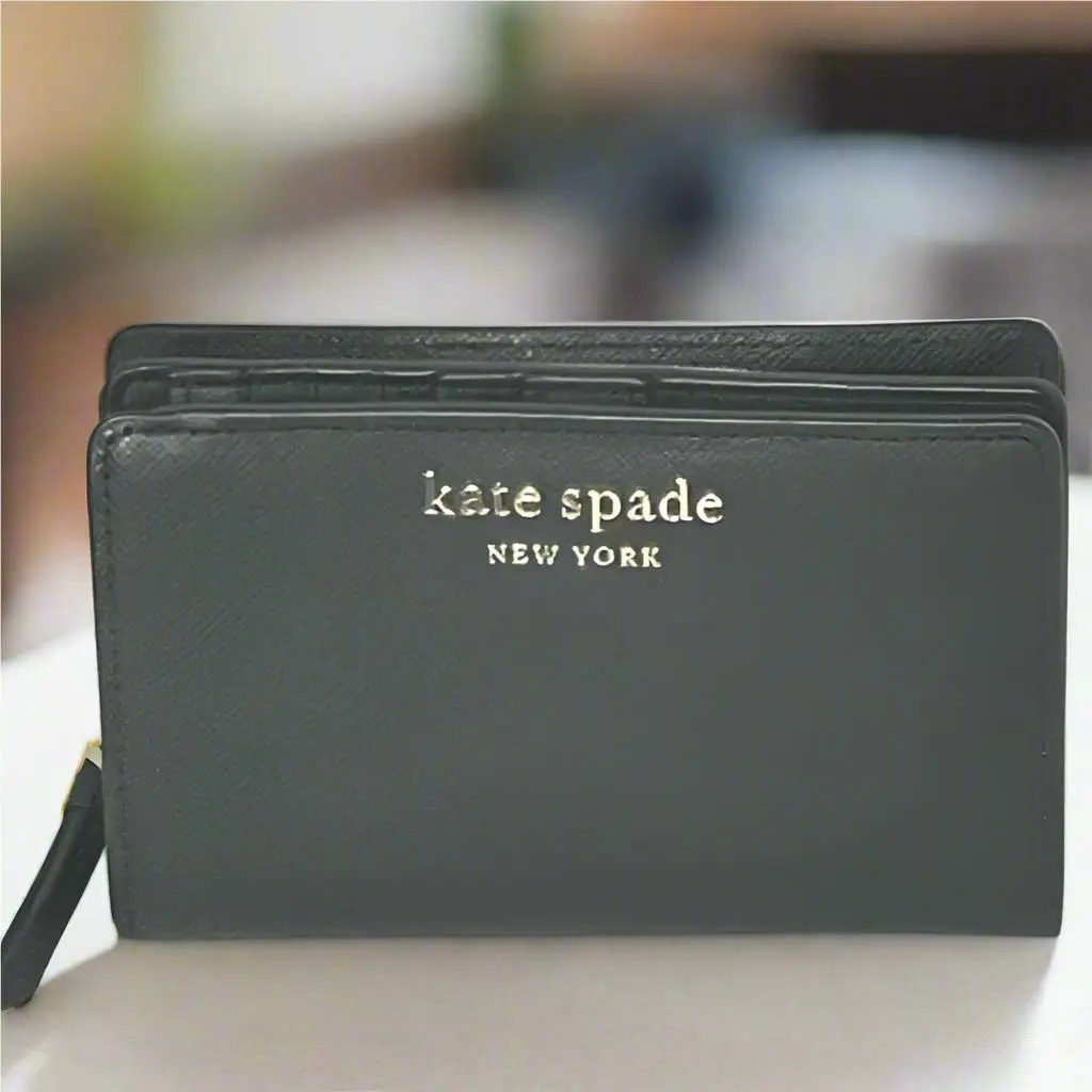 Kate Spade Cameron Medium Bifold Wallet Black Saffiano Leather Coin Zip