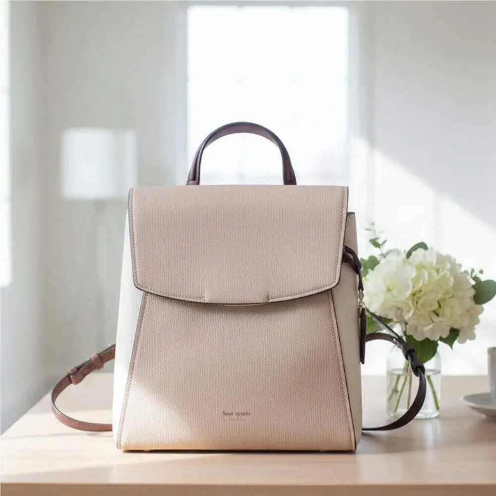 Kate Spade Grace Medium Backpack Leather Beige Colorblock Womens Flap