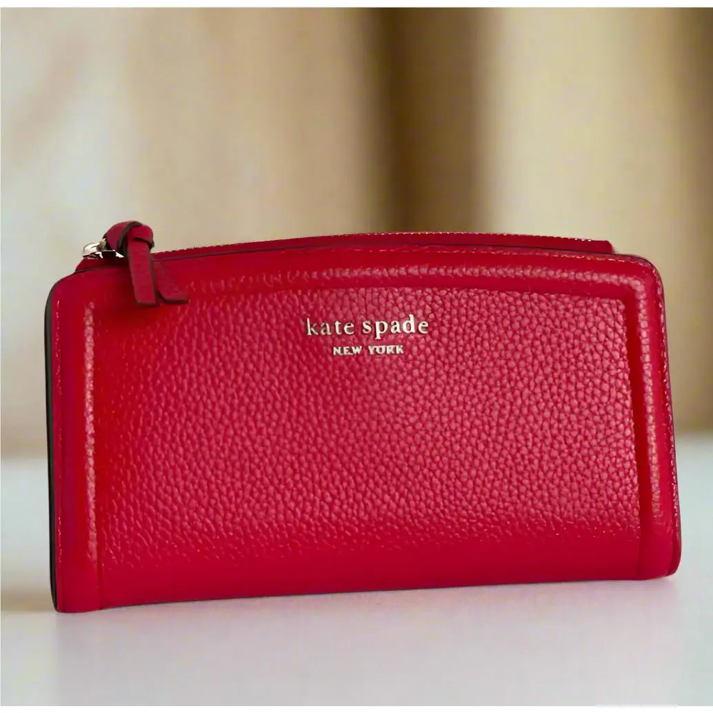 Kate Spade Knott Zip Slim Wallet Red Leather Snap Card Holder Billfold