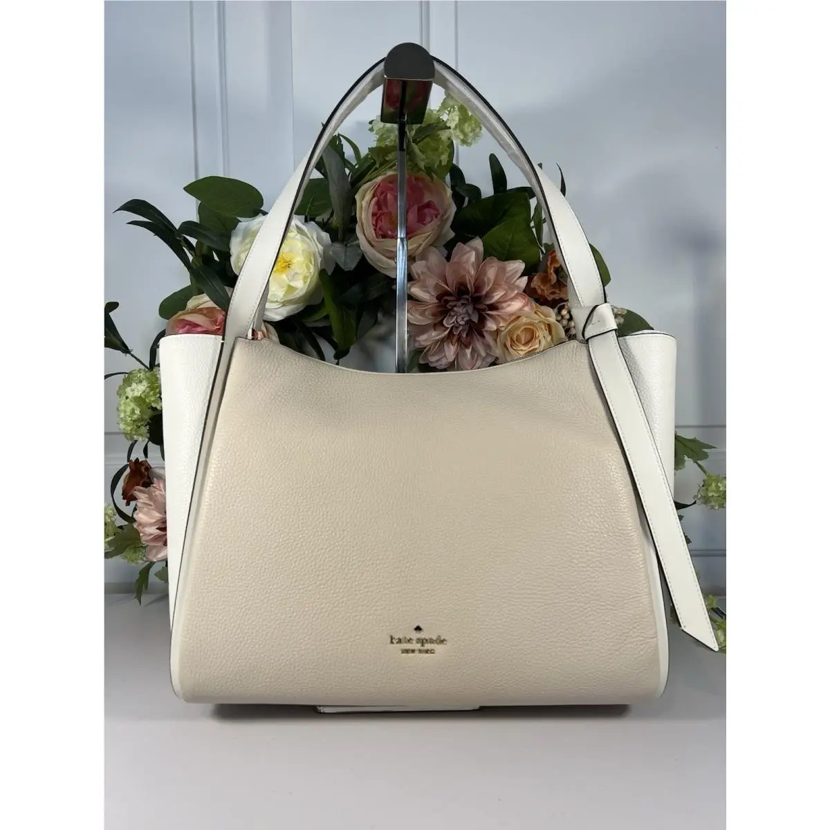 Kate Spade Pebble Leather Knott Tote/shoulder Bag-colorblock/light Cream/beige