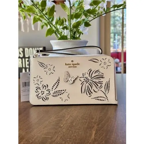 Kate Spade Lucy Perforated Medium L-zip Wristlet Meringue KK932 Floral Butterfly