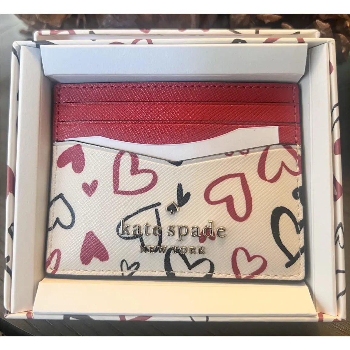 Kate Spade Scribble Hearts Small Slim Card Holder Cream Multi