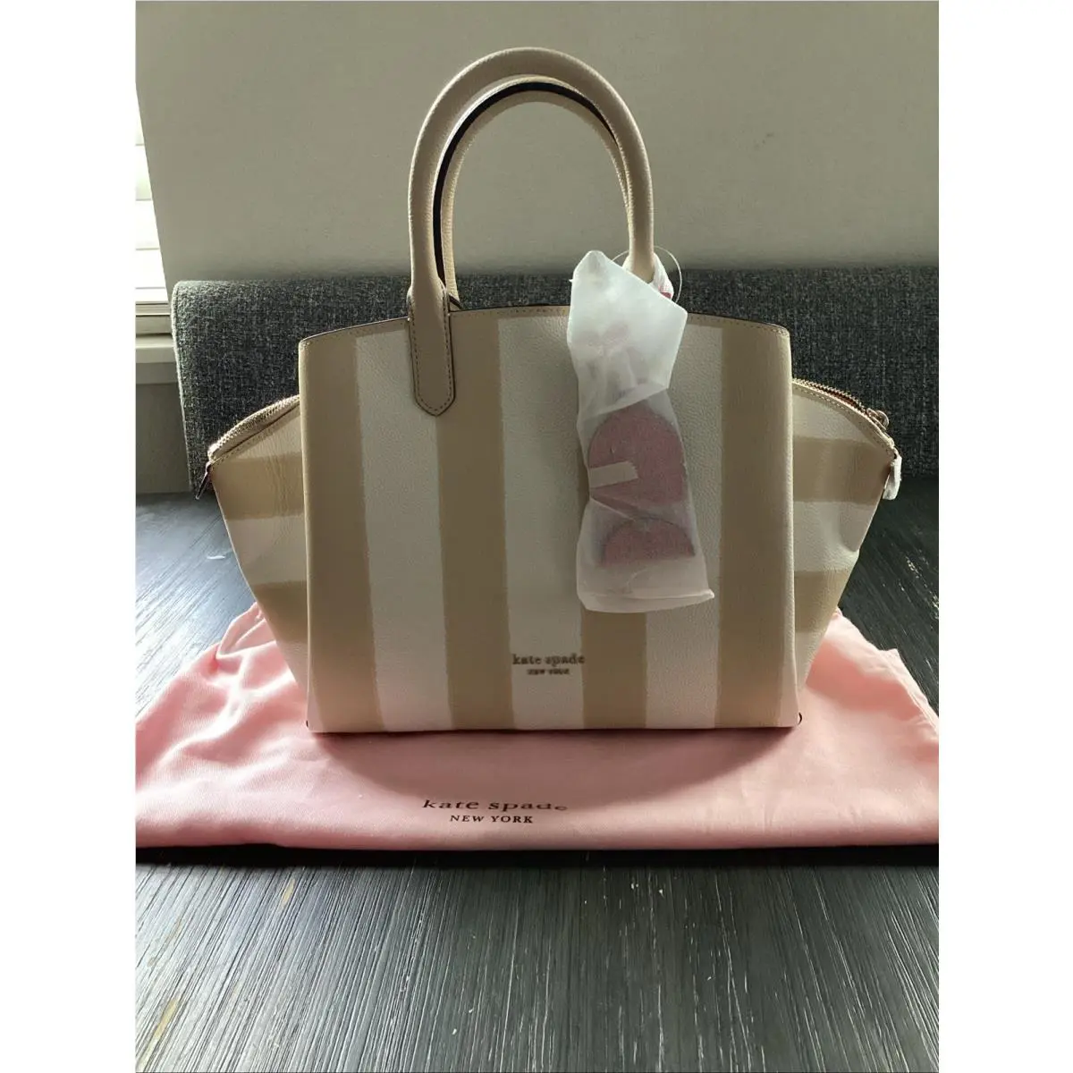 New Kate Spade Avenue Awning Stripe Medium Satchel Warm Stone with Dust Bag
