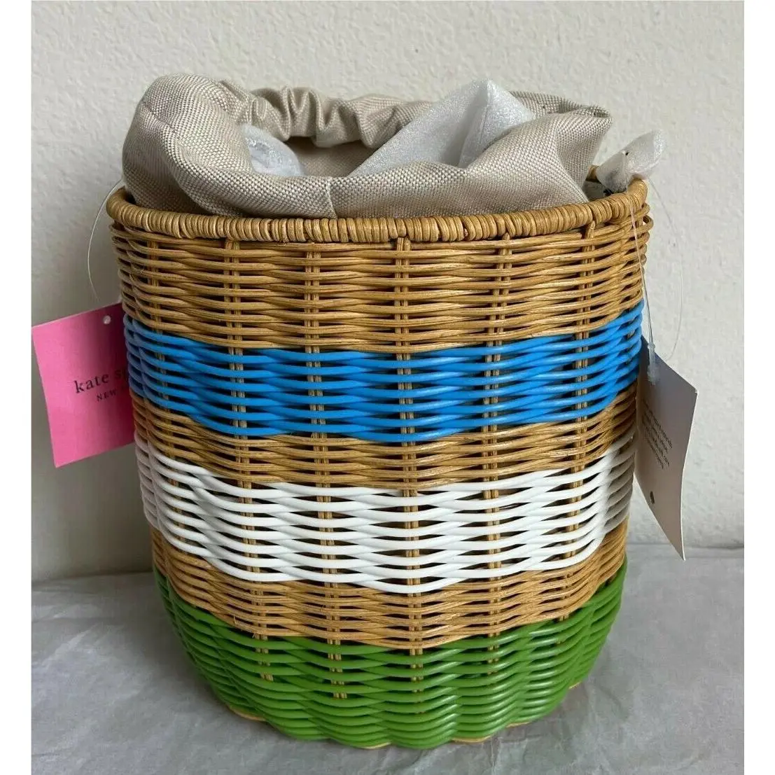 New Kate Spade Buoy Wicker Medium Bucket Bag Green Multi PXR00427