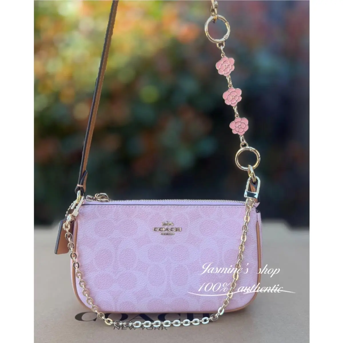 Nolita 19 In Signature Canvas with Charm Gold/powder Pink CDW31 CDW31 nolita bag + pink flower chain set by Coach