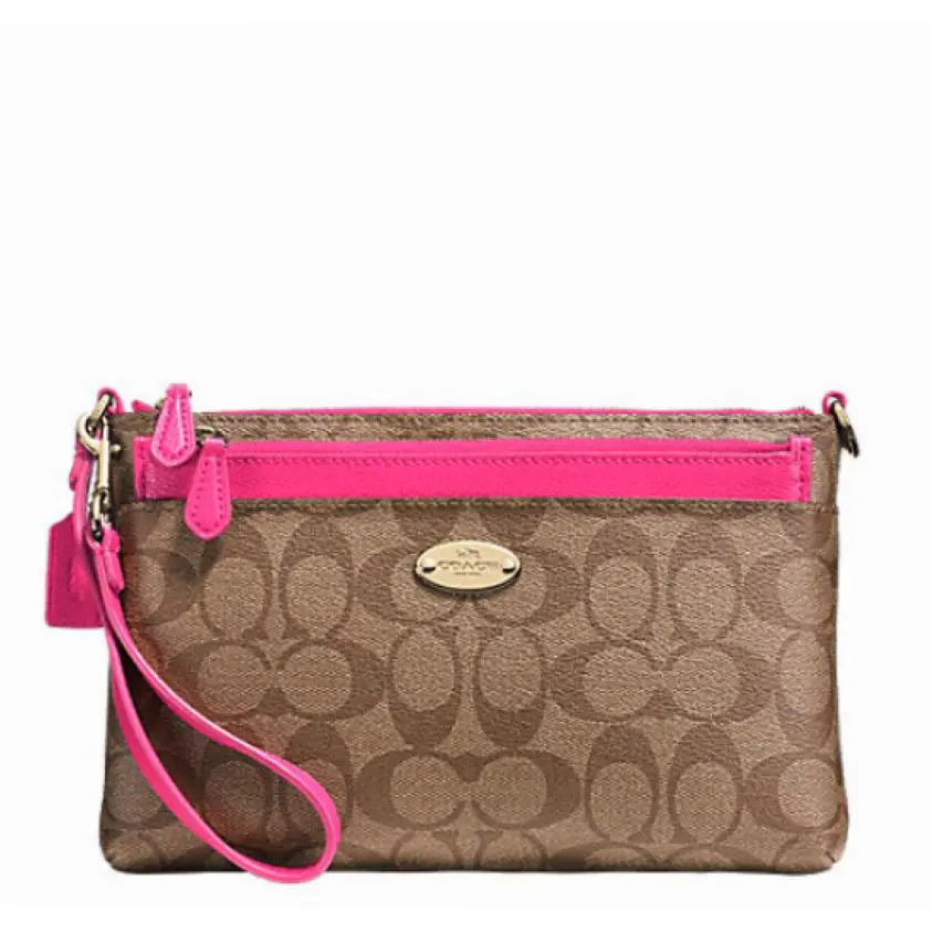 Nwt-coach Signature Pvc Wristlet with Pop Zip Top Pouch F52619 - Handle/Strap: Pink, Exterior: Coach Signature Pattern