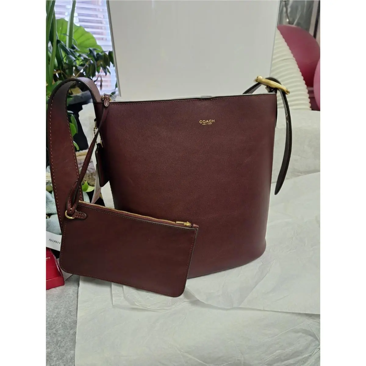 Coach Bleecker Shoulder Bucket Bag in Merlot Leather