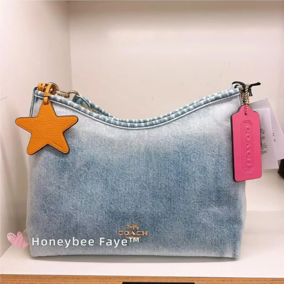 Coach CEF26 Laurel Shoulder Bag In Loved Denim with Charms Light Indigo