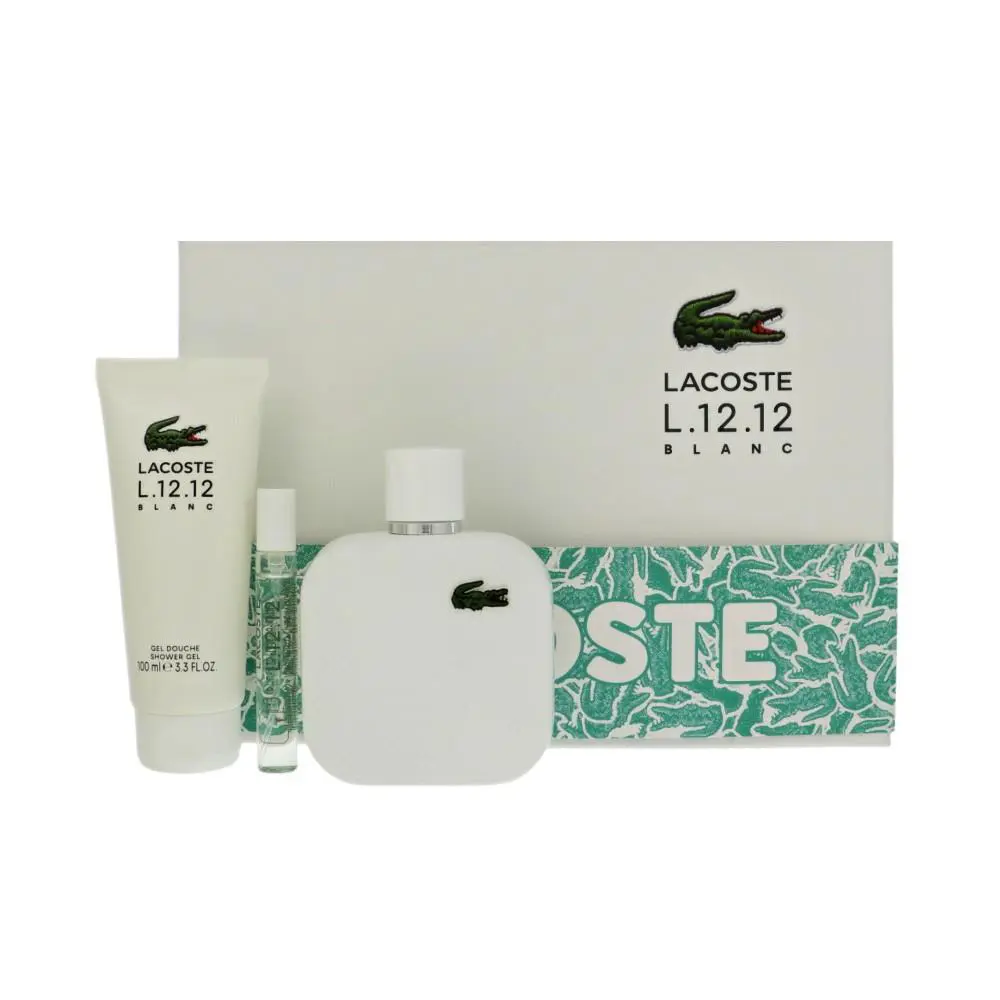 L.12.12 Blanc by Lacoste Gift Set For Men 3 Piece Set For Men: 3.3 Oz Eau De