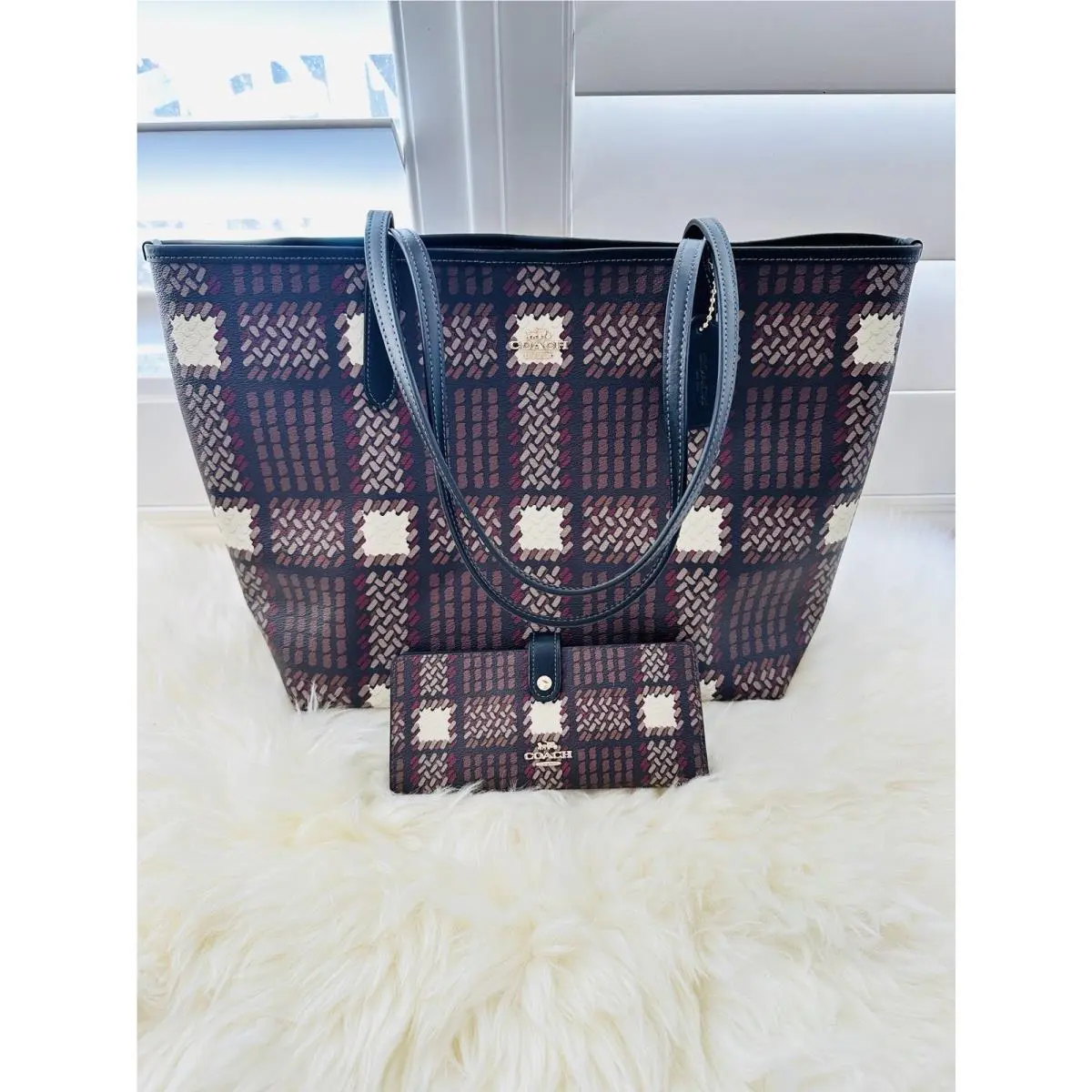Coach City Large Tote Wallet Bundle Graphic/brushed Plaid Print Gold/brown