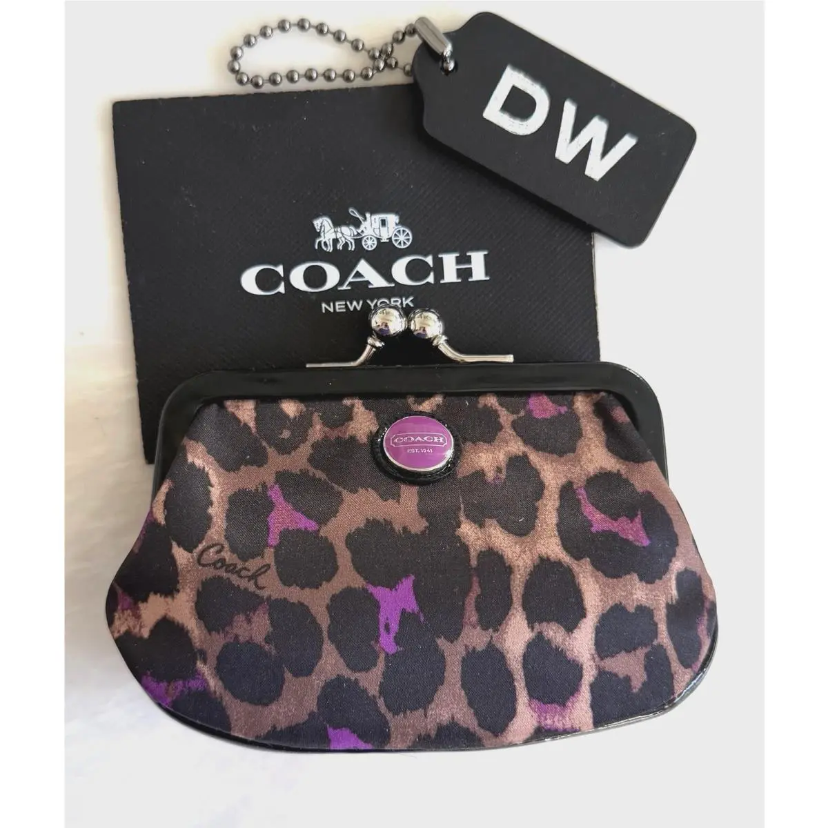 Coach Violet/multi Ocelot Leopard Kisslock Frame Coin Purse 66951