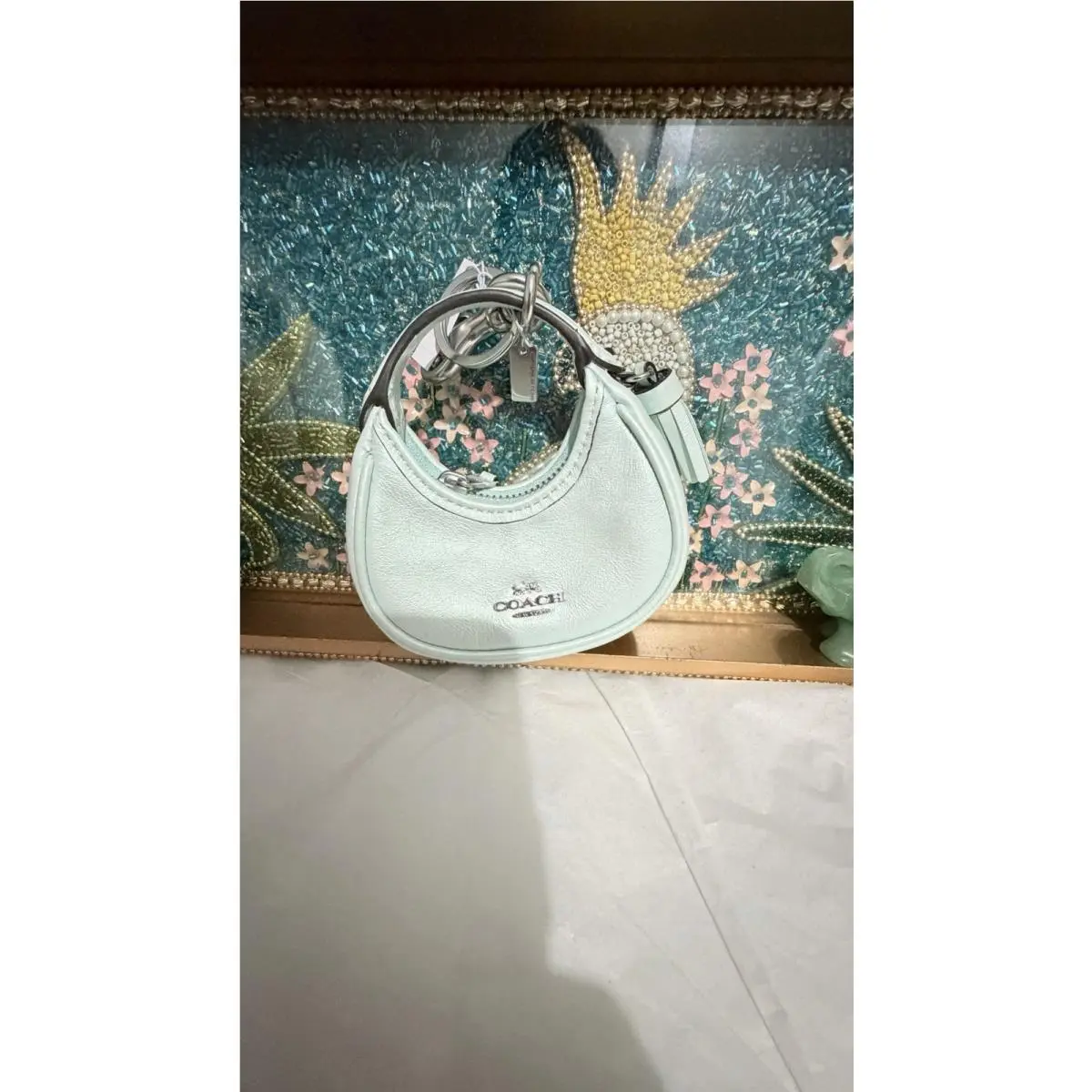 Coach Mini Carmen Bag Key Charm Pearled Leather Silver Green CBL92