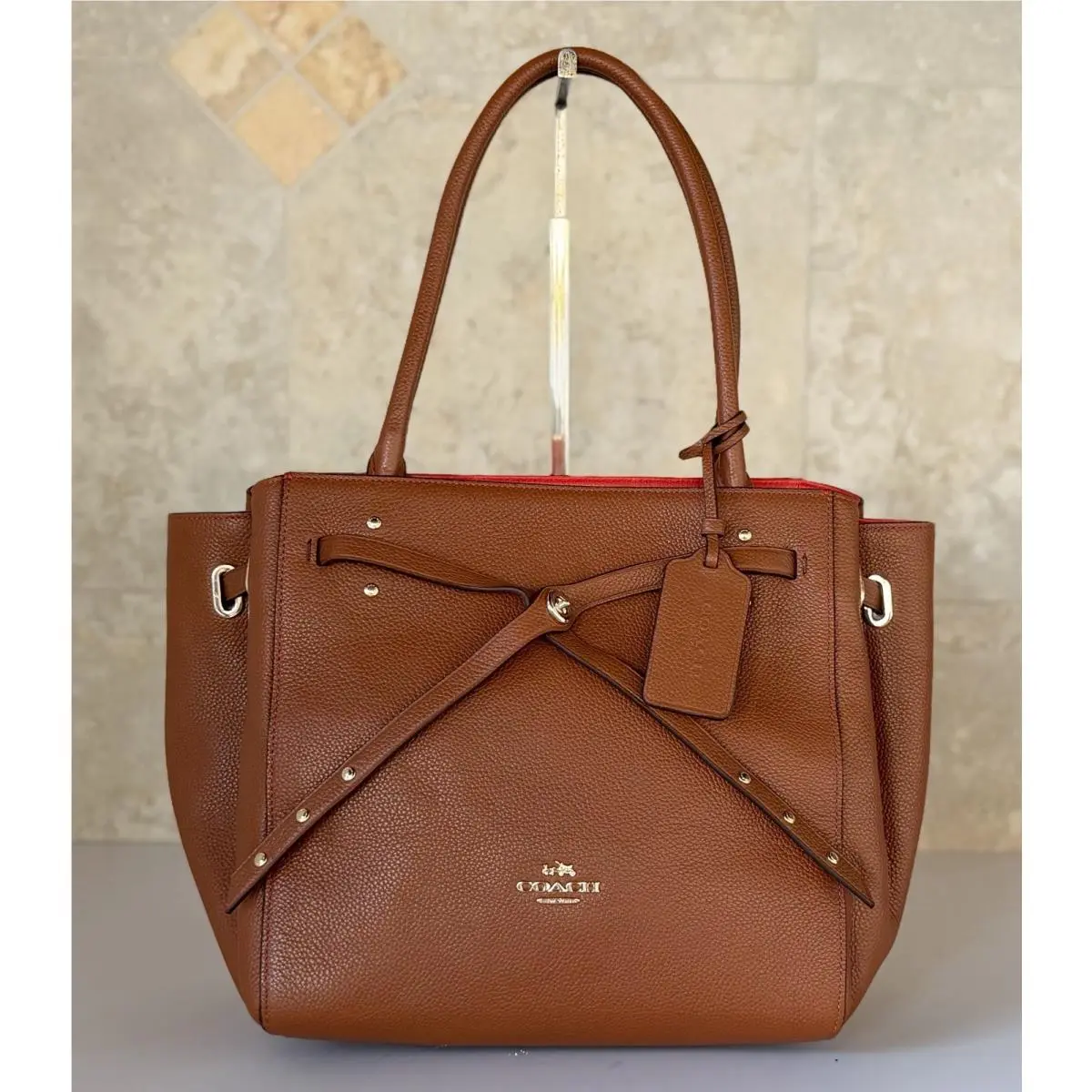 Coach Small Turnlock Tie Small Tote Shoulder Leather Bag Brown