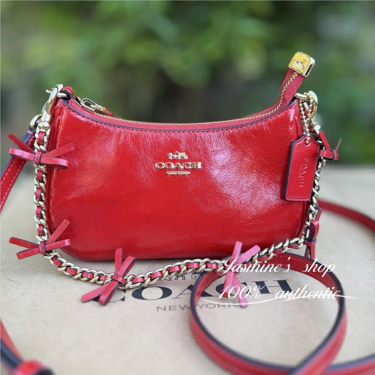 Teri Mini Crossbody Bag with Bows CDW68 Glazed Leather Bright Cherry by Coach