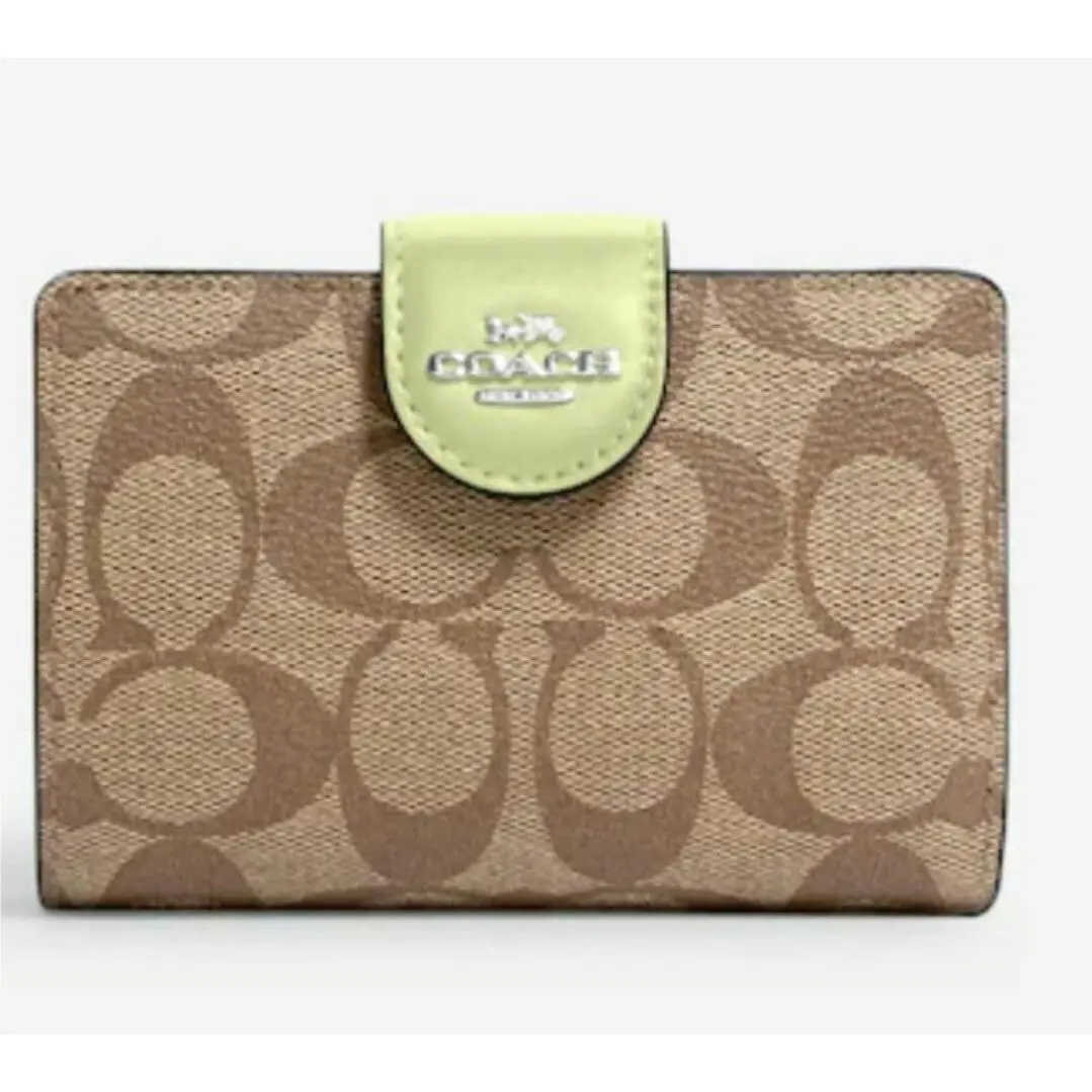 Coach Medium Corner Zip Wallet N Signature Leather Khaki Green